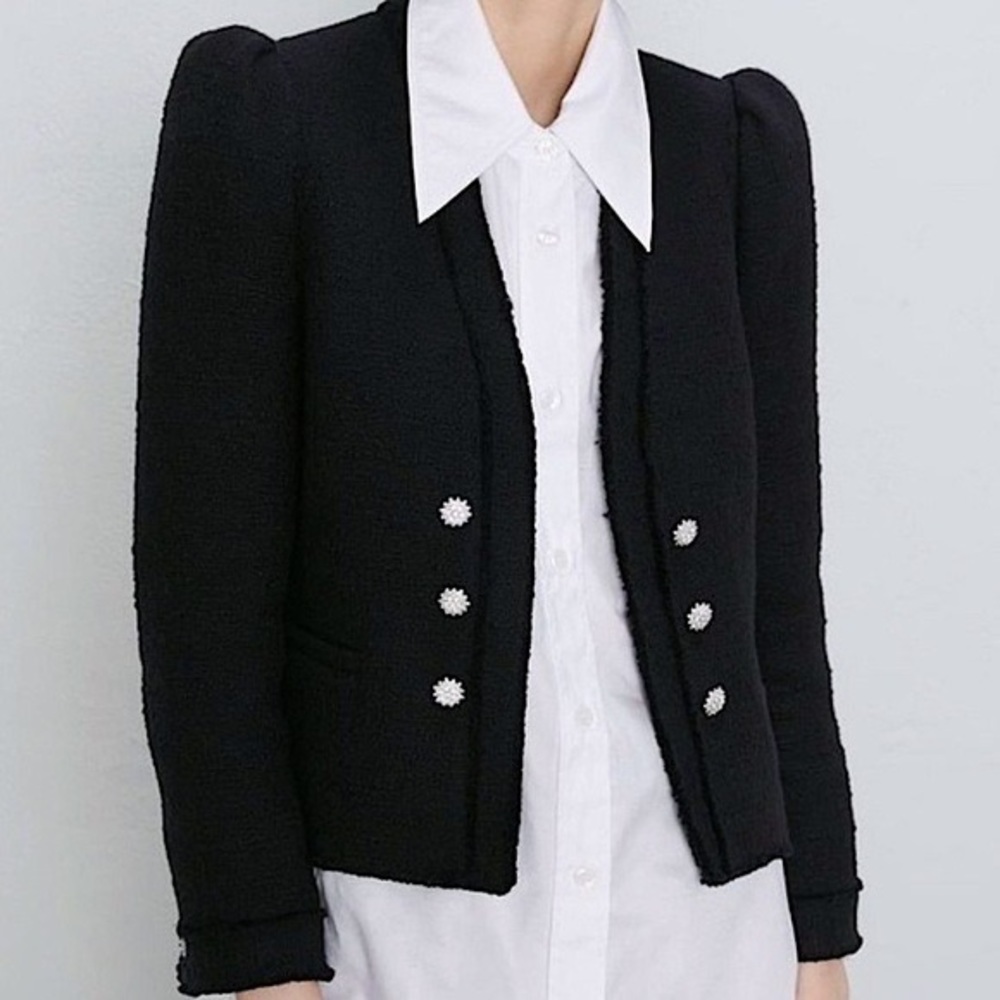 Zara Tweed Poplin Puff Shoulder Jacket XS